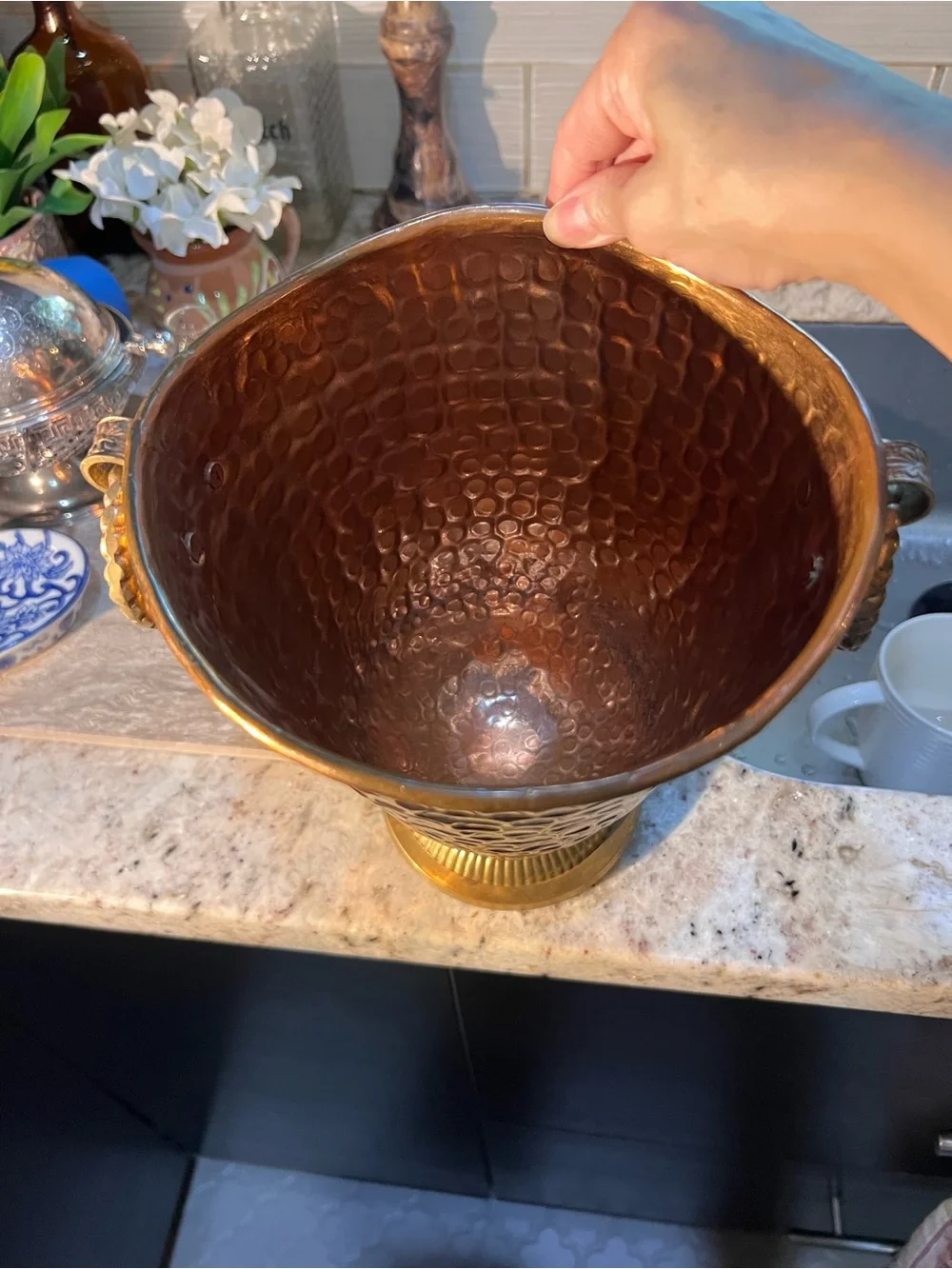 Gorgeous Hammered Copper Champagne Ice Bucket w Ornate Twisted Rope Handles